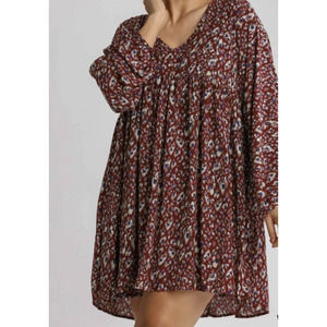 Umgee 2XL Long Sleeve Babydoll Dress Women Wine Mix Animal Print Pockets NEW